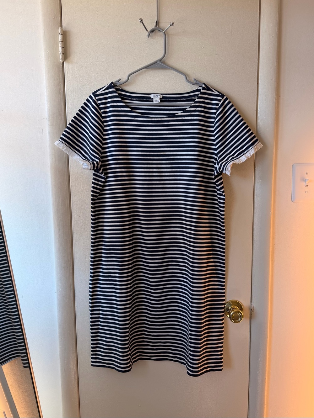 J.Crew 100% Cotton Navy White Striped Ruffle Sleeve T-Shirt Dress L